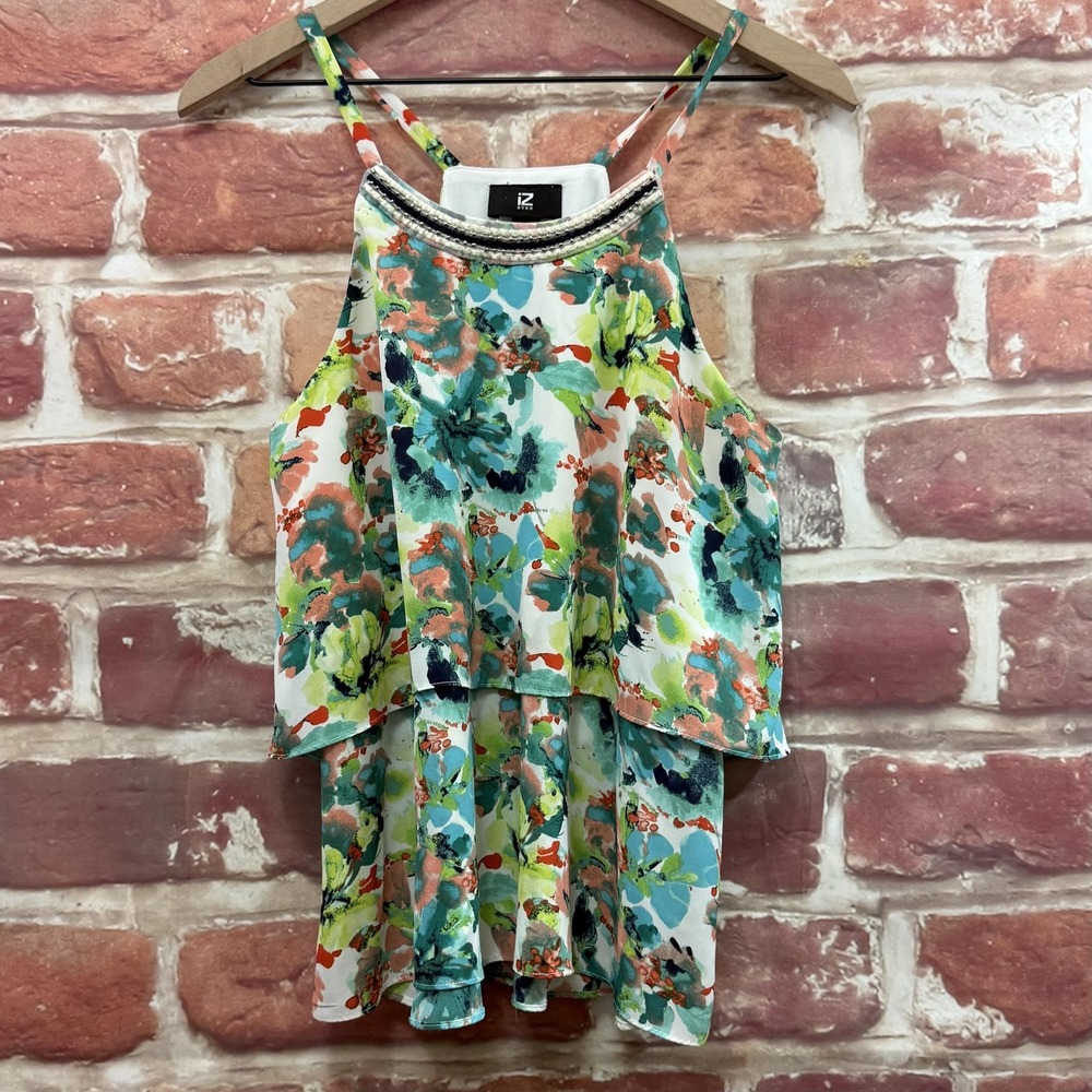 VTG Amy Byer IZ Halter Top Women's XL Multicolor Floral Tiered Beaded Neck Shirt